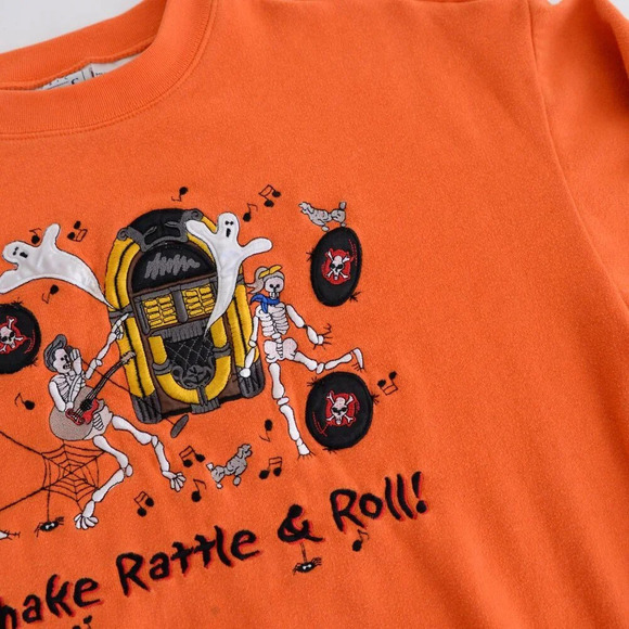 Vintage Basic Orange Embroidered Shake Rattle Roll Halloween Skeletons Sweater M - Picture 11 of 12